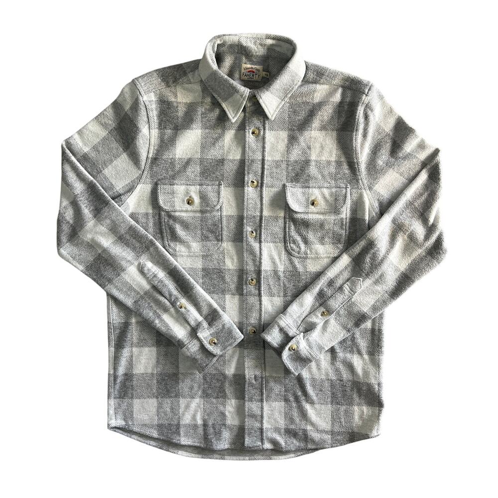 Faherty Brand Plaid Button Front Knit Flannel Shirt Gray White Medium